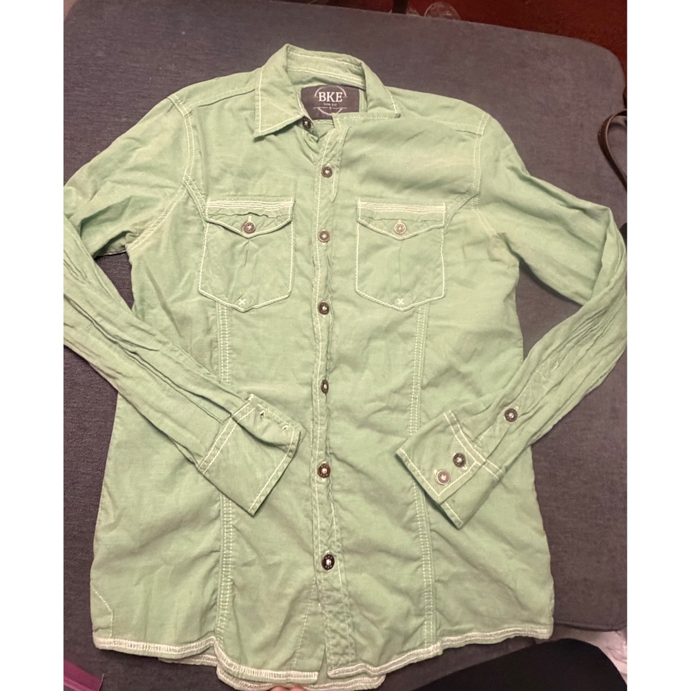 BKE Slim Fit Mens Small Sage Green Button Down Shirt Contrast Stitch Long Sleeve